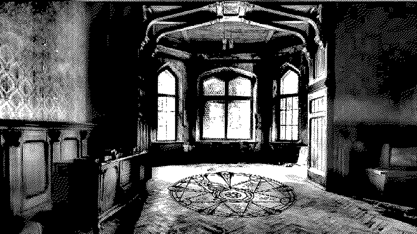Interior of a haunted house with a spell circle in the middle